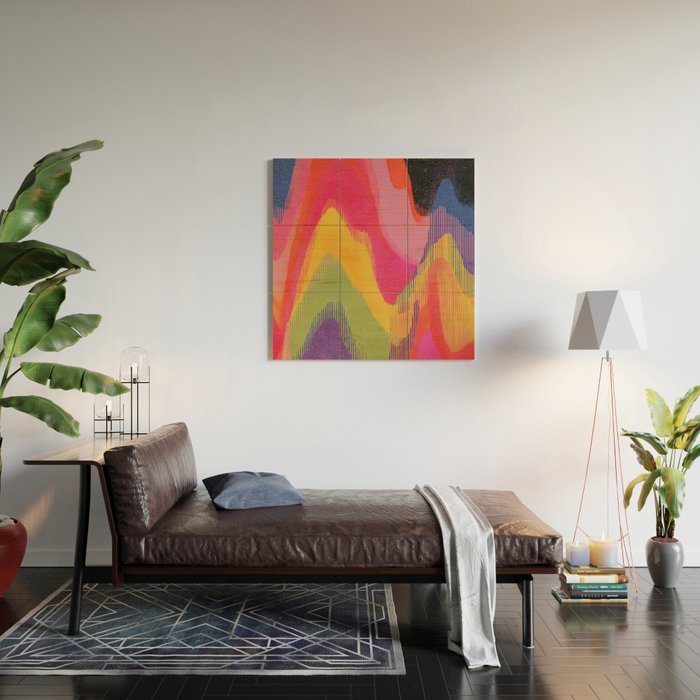 Retro Glitch Wavy Abstract Pattern in Neon Rainbow Wood Wall Art Gallery Image 2