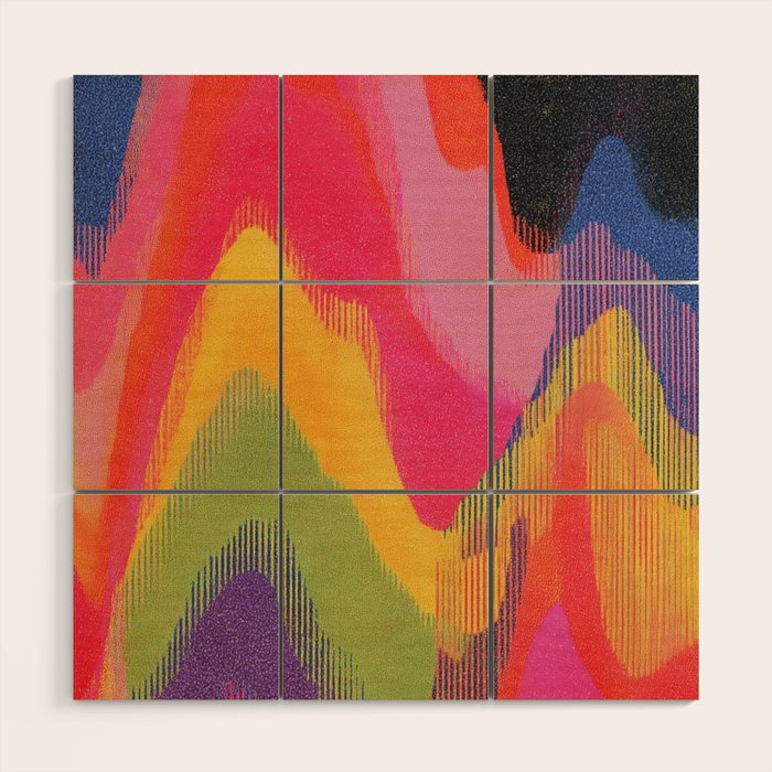 Retro Glitch Wavy Abstract Pattern in Neon Rainbow Wood Wall Art Gallery Image 1