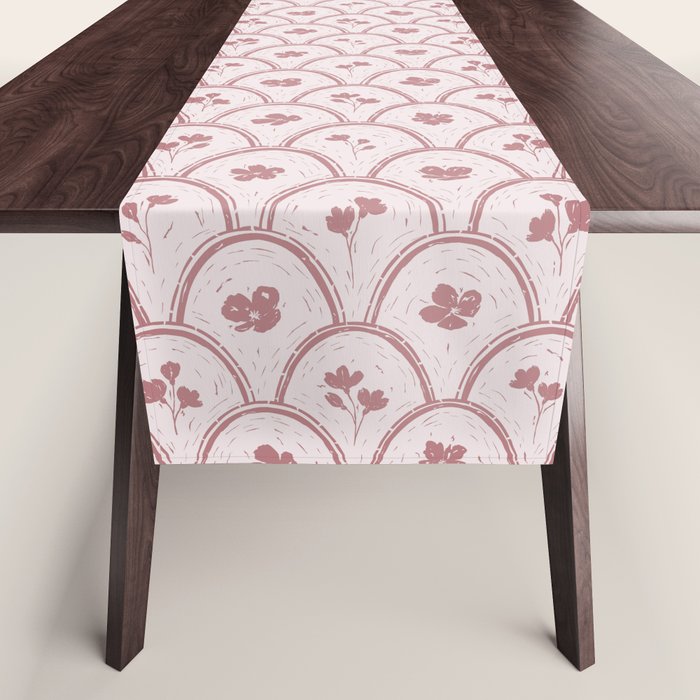 Rustic scallop floral block print - dusty rose pink pattern Table Runner Gallery Image 1