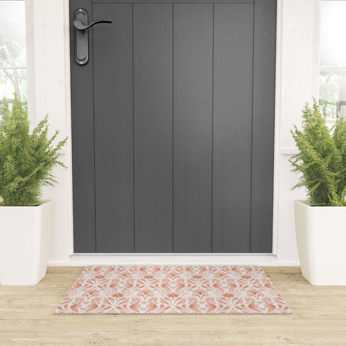 Seahorse Damask  Peachy Pink Welcome Mat Gallery Image 3