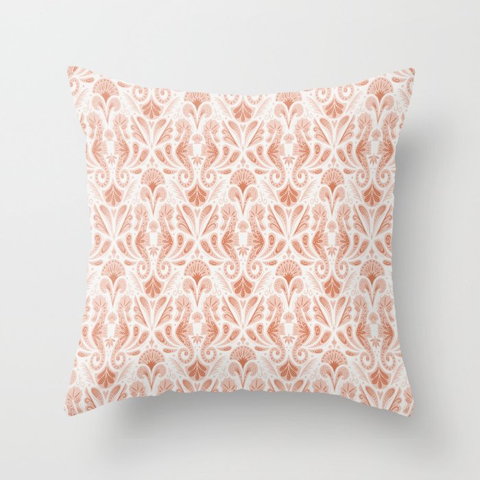 Seahorse Damask  Peachy Pink Throw Pillow Gallery Image 6