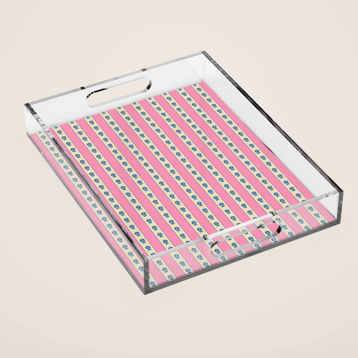 Cottage Stripes and Flowers Pattern in Pink, Blue, and Cream Beige Acrylic Tray Gallery Image 1