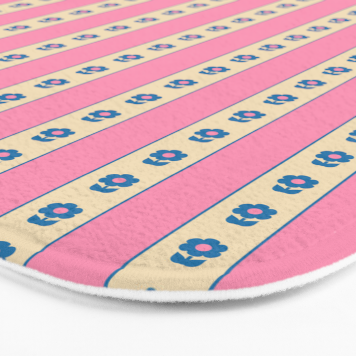 Cottage Stripes and Flowers Pattern in Pink, Blue, and Cream Beige Bath Mat Gallery Image 3