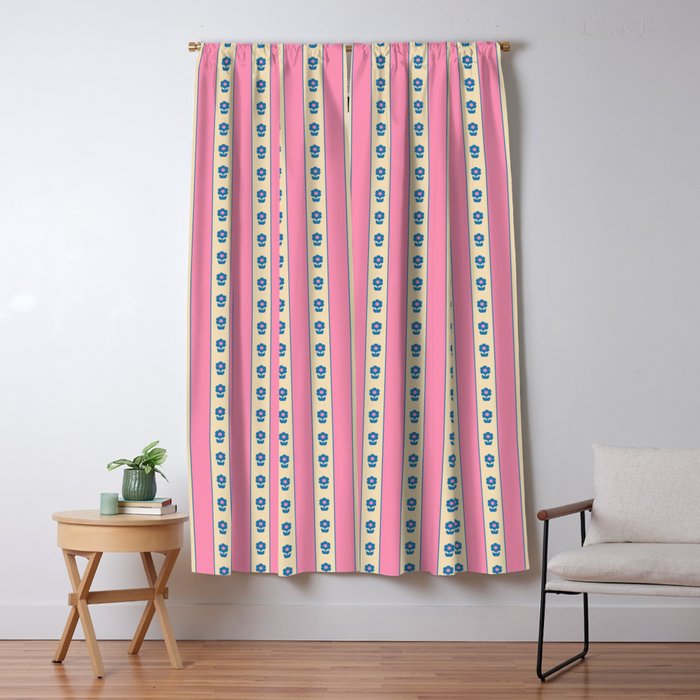 Cottage Stripes and Flowers Pattern in Pink, Blue, and Cream Beige Window Curtain Gallery Image 5