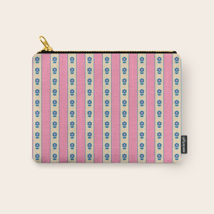 Cottage Stripes and Flowers Pattern in Pink, Blue, and Cream Beige Carry All Pouch Gallery Image 1