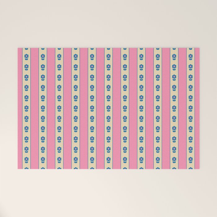 Cottage Stripes and Flowers Pattern in Pink, Blue, and Cream Beige Welcome Mat Gallery Image 1