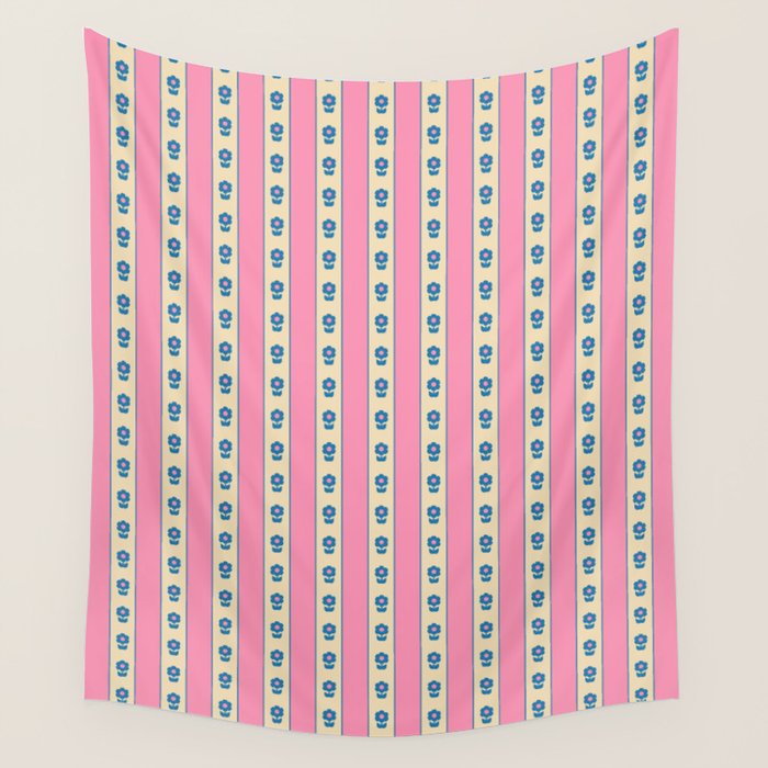 Cottage Stripes and Flowers Pattern in Pink, Blue, and Cream Beige Wall Tapestry Gallery Image 4