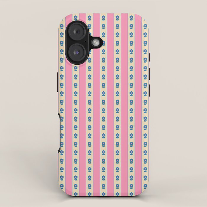 Cottage Stripes and Flowers Pattern in Pink, Blue, and Cream Beige iPhone Case Gallery Image 1