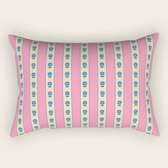 Cottage Stripes and Flowers Pattern in Pink, Blue, and Cream Beige Rectangular Pillow Gallery Image 2