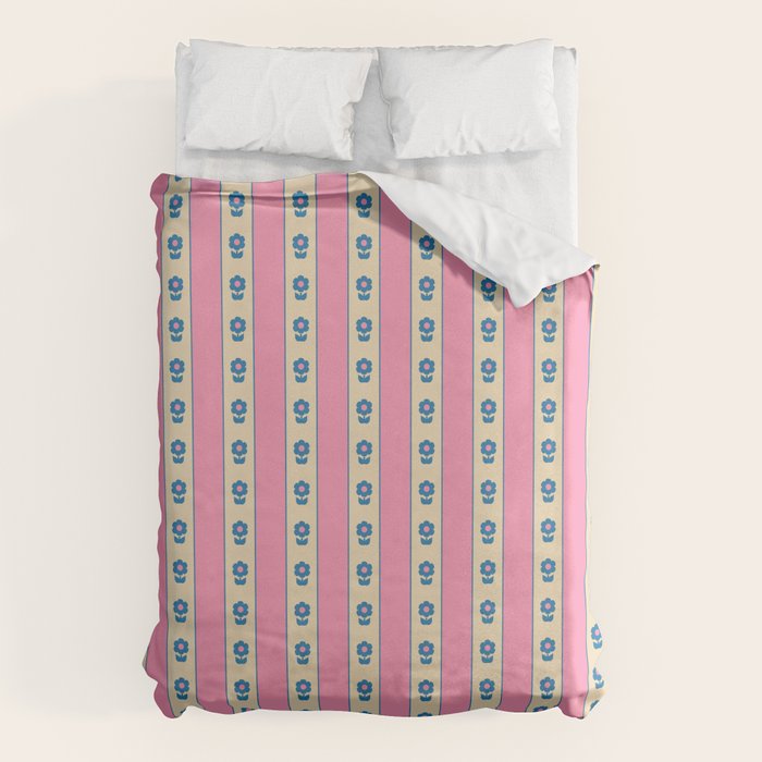 Cottage Stripes and Flowers Pattern in Pink, Blue, and Cream Beige Duvet Cover Gallery Image 6