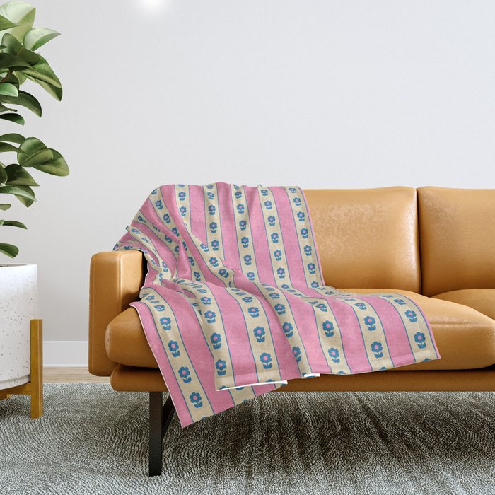 Cottage Stripes and Flowers Pattern in Pink, Blue, and Cream Beige Throw Blanket Gallery Image 1