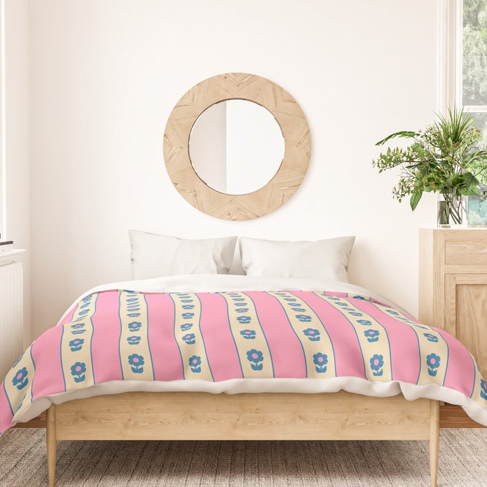 Cottage Stripes and Flowers Pattern in Pink, Blue, and Cream Beige Duvet Cover Gallery Image 3