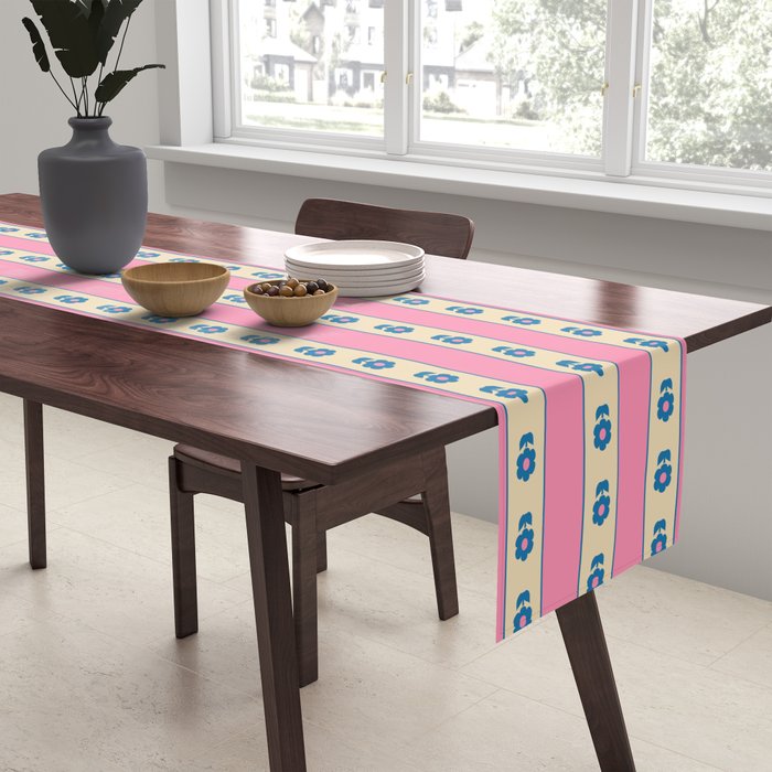 Cottage Stripes and Flowers Pattern in Pink, Blue, and Cream Beige Table Runner Gallery Image 2