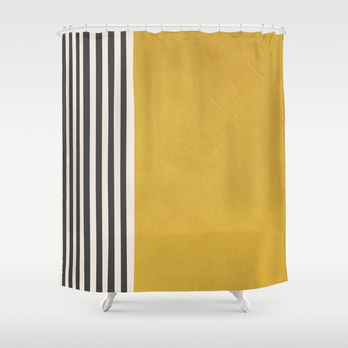 Mustard Yellow Black Lines Abstract Art Shower Curtain Gallery Image 1