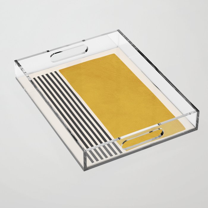 Mustard Yellow Black Lines Abstract Art Acrylic Tray Gallery Image 1