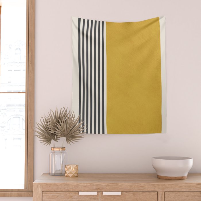 Mustard Yellow Black Lines Abstract Art Wall Tapestry Gallery Image 2