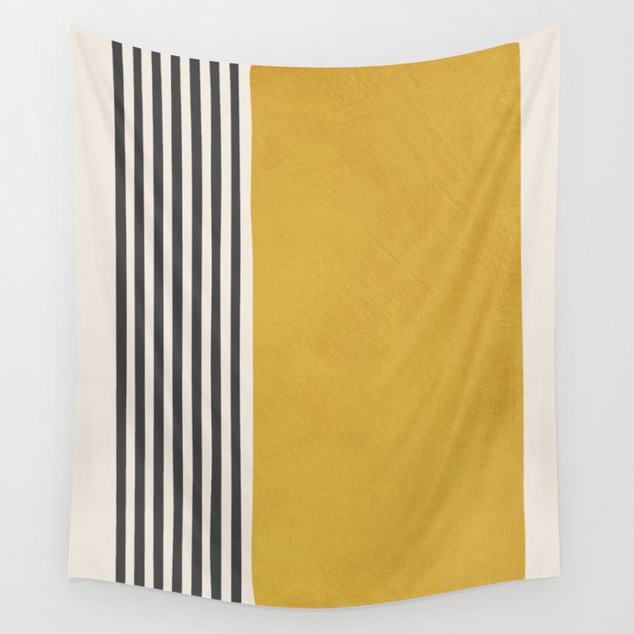 Mustard Yellow Black Lines Abstract Art Wall Tapestry Gallery Image 4