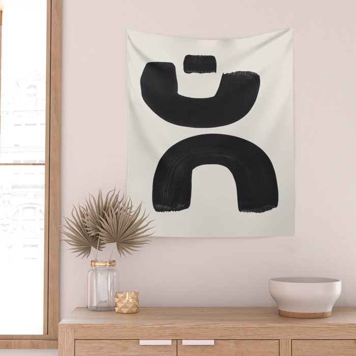 Mid Century Modern Minimalist Abstract Art Brush Strokes Black & White Ink Art Tribal Marking Wall Tapestry Gallery Image 2