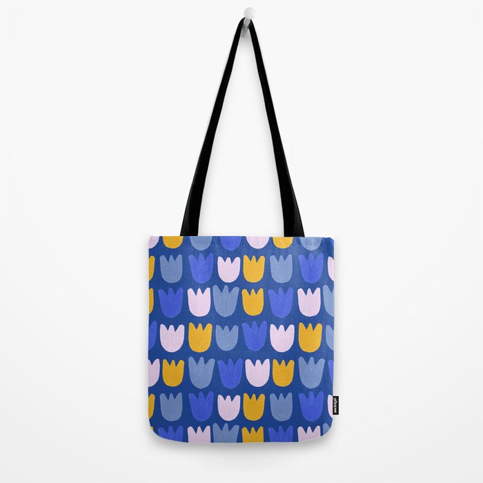 Rows of Tulips in Bloom in Blue & Mustard Yellow Tote Bag Gallery Image 2