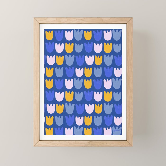 Rows of Tulips in Bloom in Blue & Mustard Yellow Mini Art Print Gallery Image 1