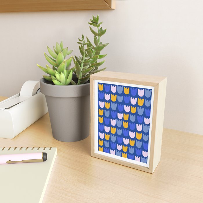 Rows of Tulips in Bloom in Blue & Mustard Yellow Mini Art Print Gallery Image 2