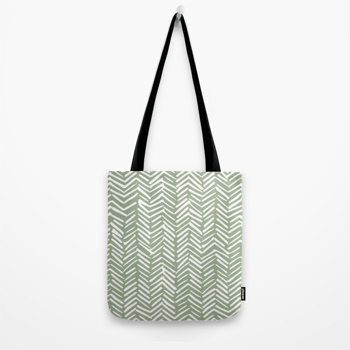 Boho, Abstract, Herringbone Pattern, Sage Green and White Tote Bag Gallery Image 2