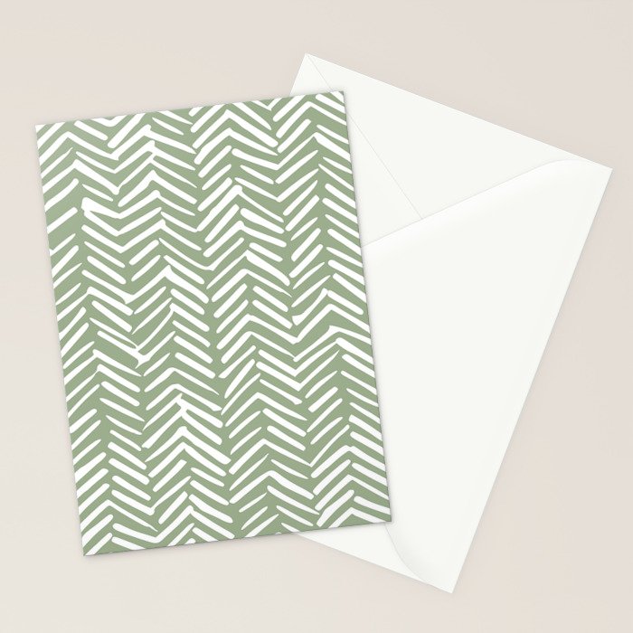 Boho, Abstract, Herringbone Pattern, Sage Green and White Stationery Card Gallery Image 2