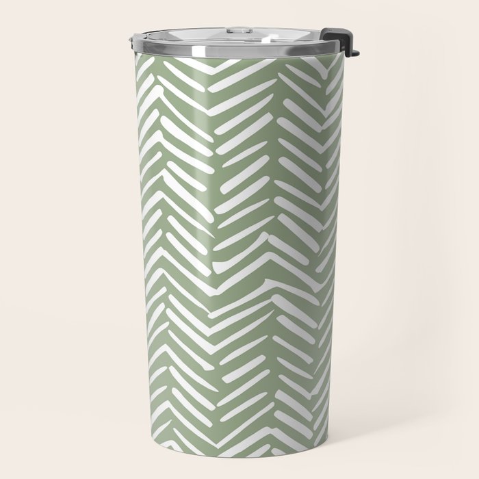 Boho, Abstract, Herringbone Pattern, Sage Green and White Travel Mug Gallery Image 2