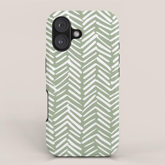 Boho, Abstract, Herringbone Pattern, Sage Green and White iPhone Case Gallery Image 1