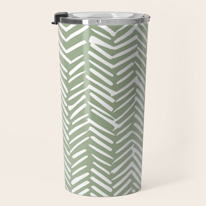 Boho, Abstract, Herringbone Pattern, Sage Green and White Travel Mug Gallery Image 3