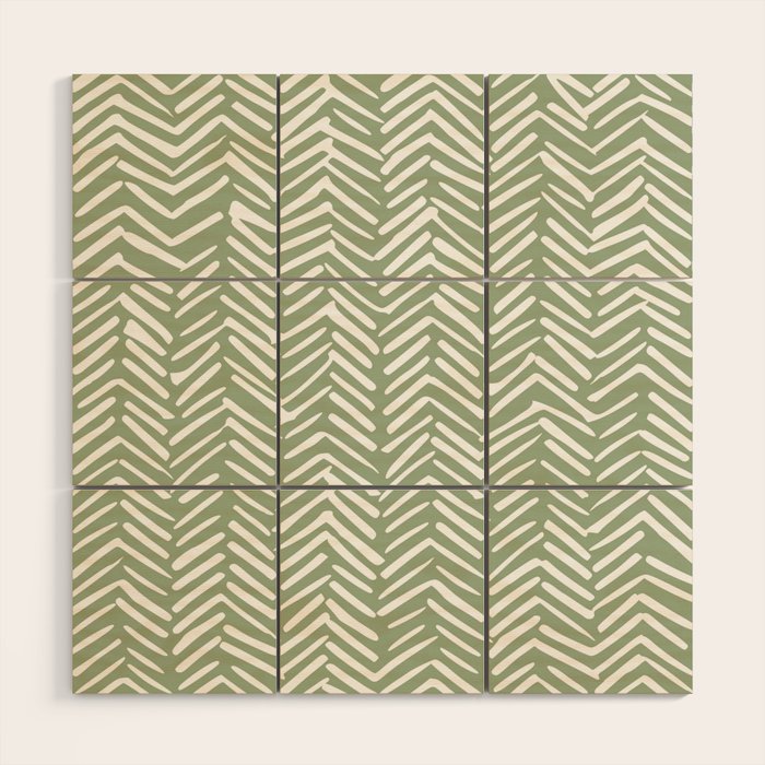 Boho, Abstract, Herringbone Pattern, Sage Green and White Wood Wall Art Gallery Image 1