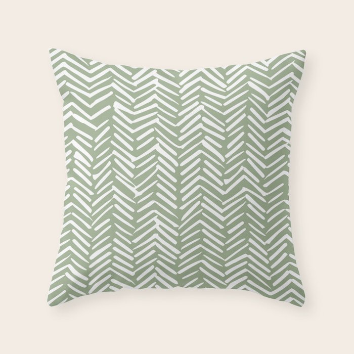 Boho, Abstract, Herringbone Pattern, Sage Green and White Throw Pillow Gallery Image 1