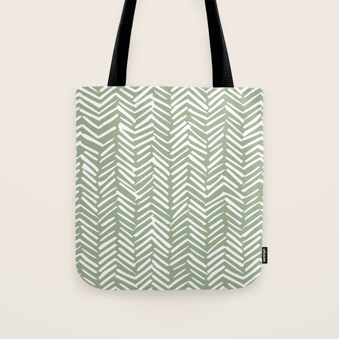 Boho, Abstract, Herringbone Pattern, Sage Green and White Tote Bag Gallery Image 1