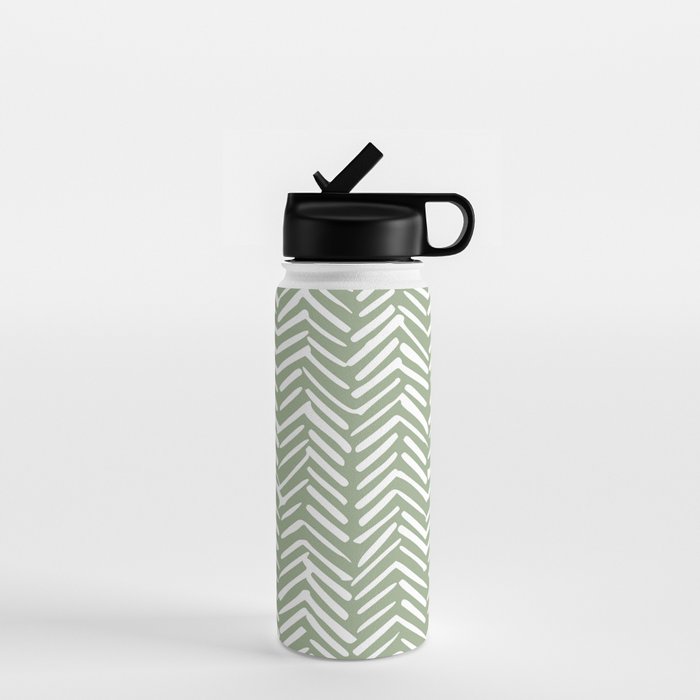 Boho, Abstract, Herringbone Pattern, Sage Green and White Water Bottle Gallery Image 1