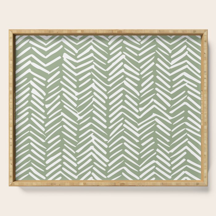 Boho, Abstract, Herringbone Pattern, Sage Green and White Serving Tray Gallery Image 1
