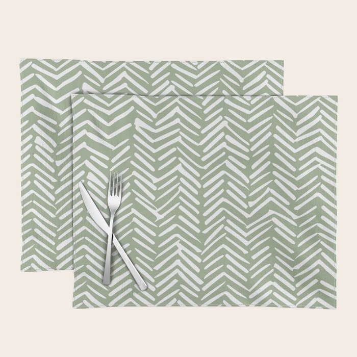 Boho, Abstract, Herringbone Pattern, Sage Green and White Placemat Gallery Image 1