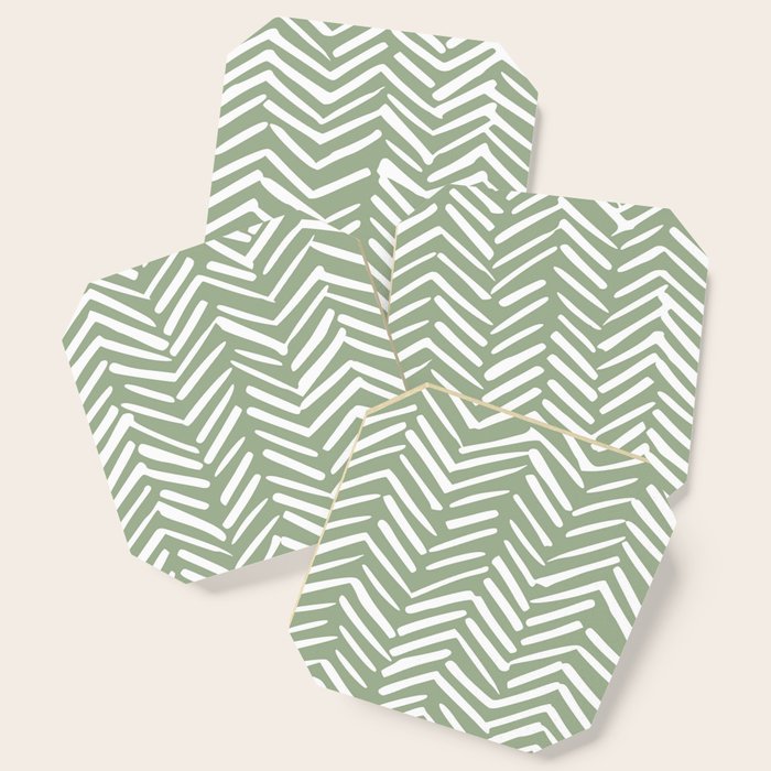 Boho, Abstract, Herringbone Pattern, Sage Green and White Coaster Gallery Image 1