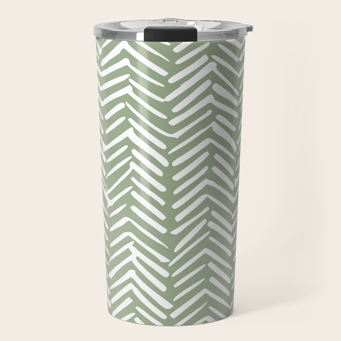 Boho, Abstract, Herringbone Pattern, Sage Green and White Travel Mug Gallery Image 1