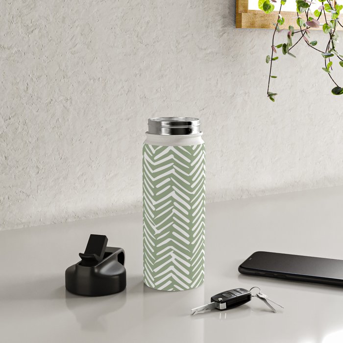Boho, Abstract, Herringbone Pattern, Sage Green and White Water Bottle Gallery Image 4