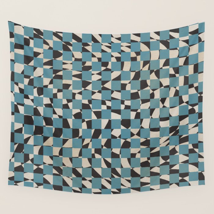 Abstract checked blue and black Wall Tapestry Gallery Image 1
