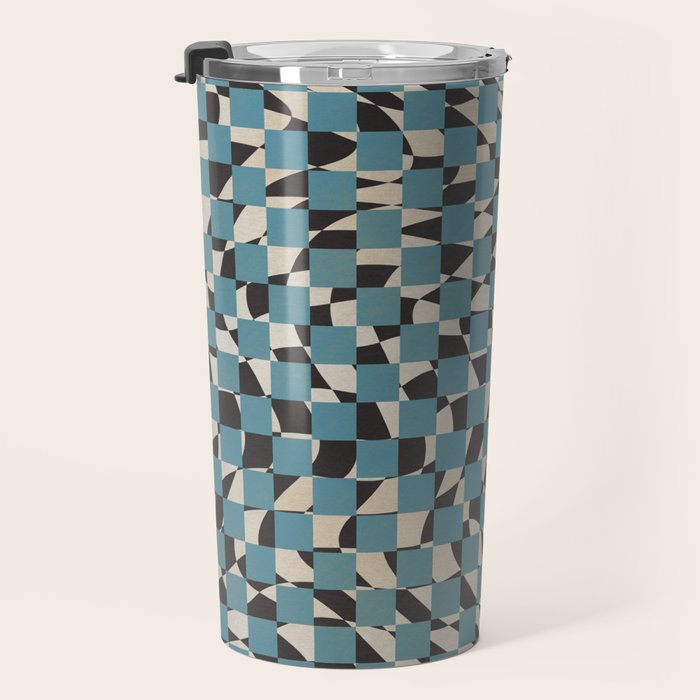 Abstract checked blue and black Travel Mug Gallery Image 3