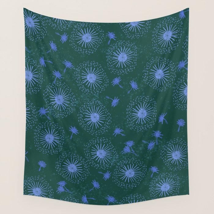 Make A Wish Dandelion Pattern in Forest Green & Blue Wall Tapestry Gallery Image 1