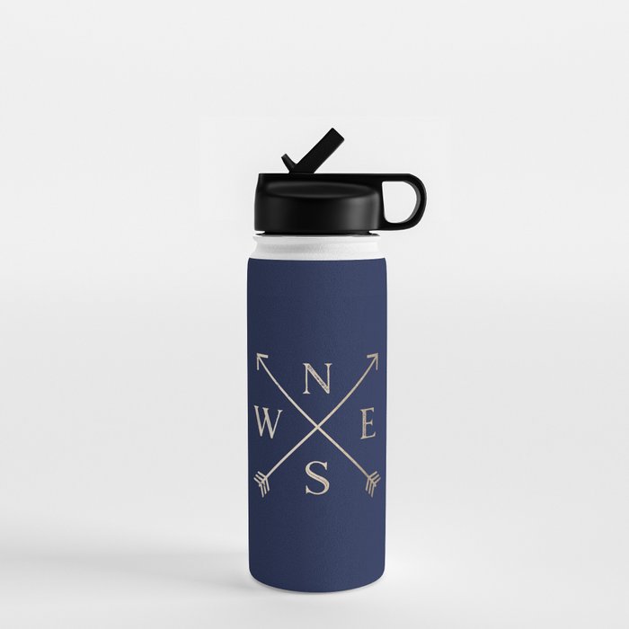 Gold on Navy Blue Compass Water Bottle Gallery Image 1