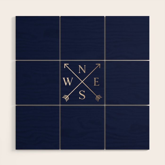 Gold on Navy Blue Compass Wood Wall Art Gallery Image 1