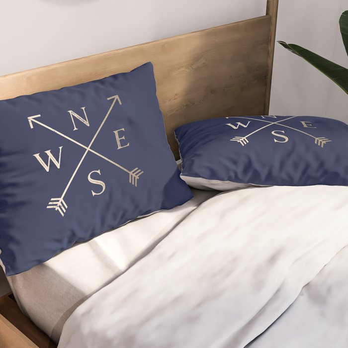 Gold on Navy Blue Compass Pillow Sham Gallery Image 2