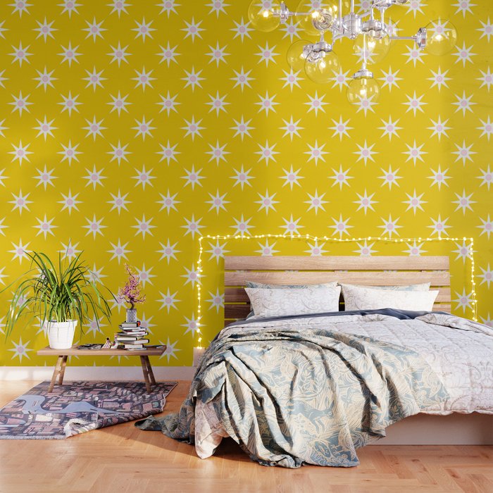 Northern Winter Star Festive Grid Pink White and Bright Yellow Wallpaper Gallery Image 3