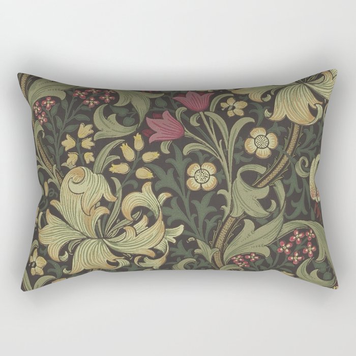 William Morris Vintage Golden Lily Black Charcoal Olive Green Rectangular Pillow Gallery Image 2