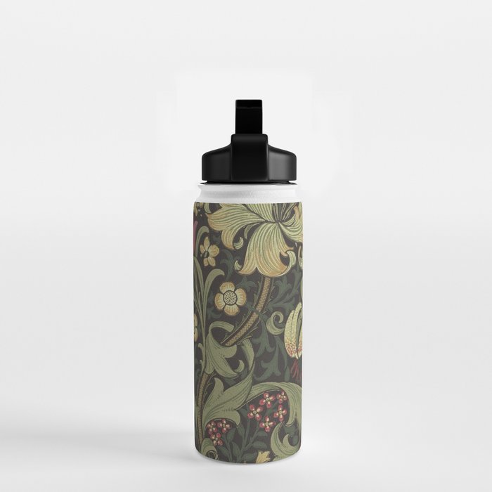 William Morris Vintage Golden Lily Black Charcoal Olive Green Water Bottle Gallery Image 2