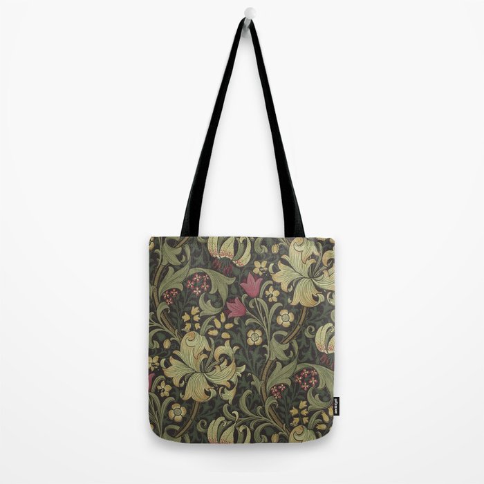 William Morris Vintage Golden Lily Black Charcoal Olive Green Tote Bag Gallery Image 2