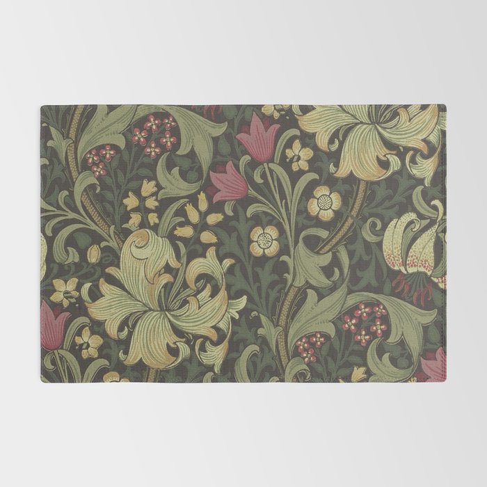 William Morris Vintage Golden Lily Black Charcoal Olive Green Rug Gallery Image 2